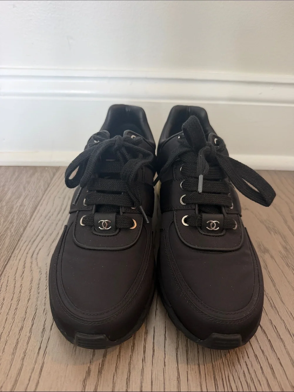 Women’s Chanel Black Athletic Sneakers with Cream Heel Accent Brand New